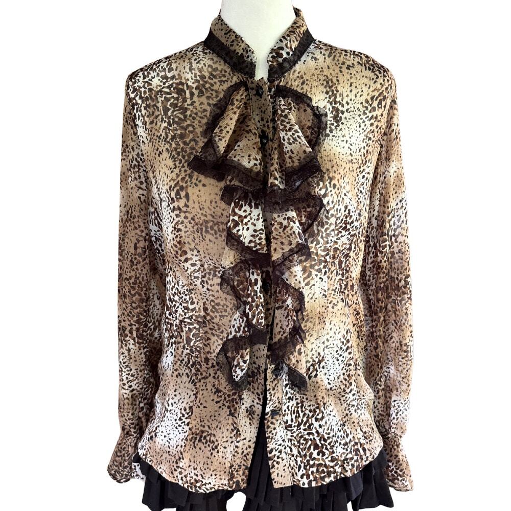 Allison Morgan Leopard Print Ruffle Lace Trim Blouse Size M